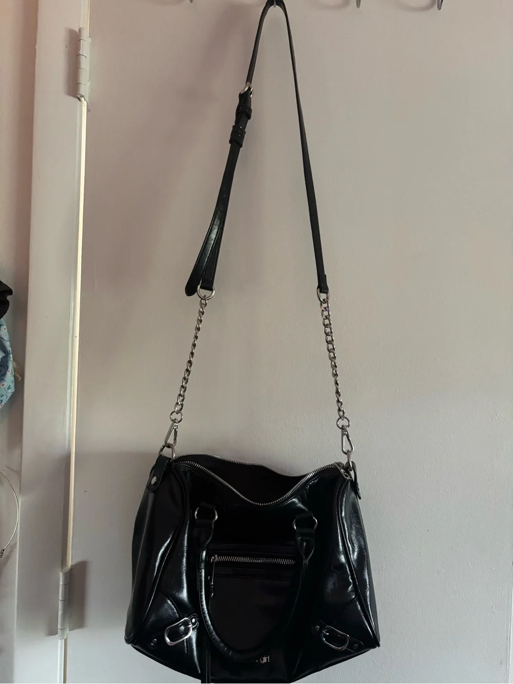 Madden Girl Black Shiny Satchel with Chain Strap